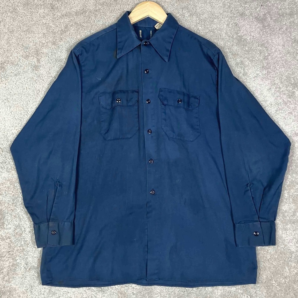 VTG 70s Blue Bell Wrangler Mens Blue Work Shirt Long Sleeve Button Up Distressed